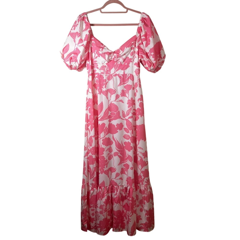 Pink White Floral Puff Sleeve Tiered Maxi Dress L Smocked Back Boho Western